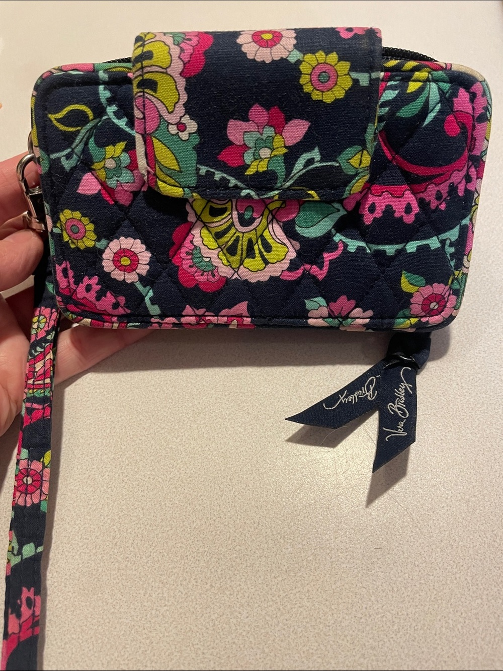 Vera Bradley Navy Floral Quilted Wristlet with Pink & Green Accents